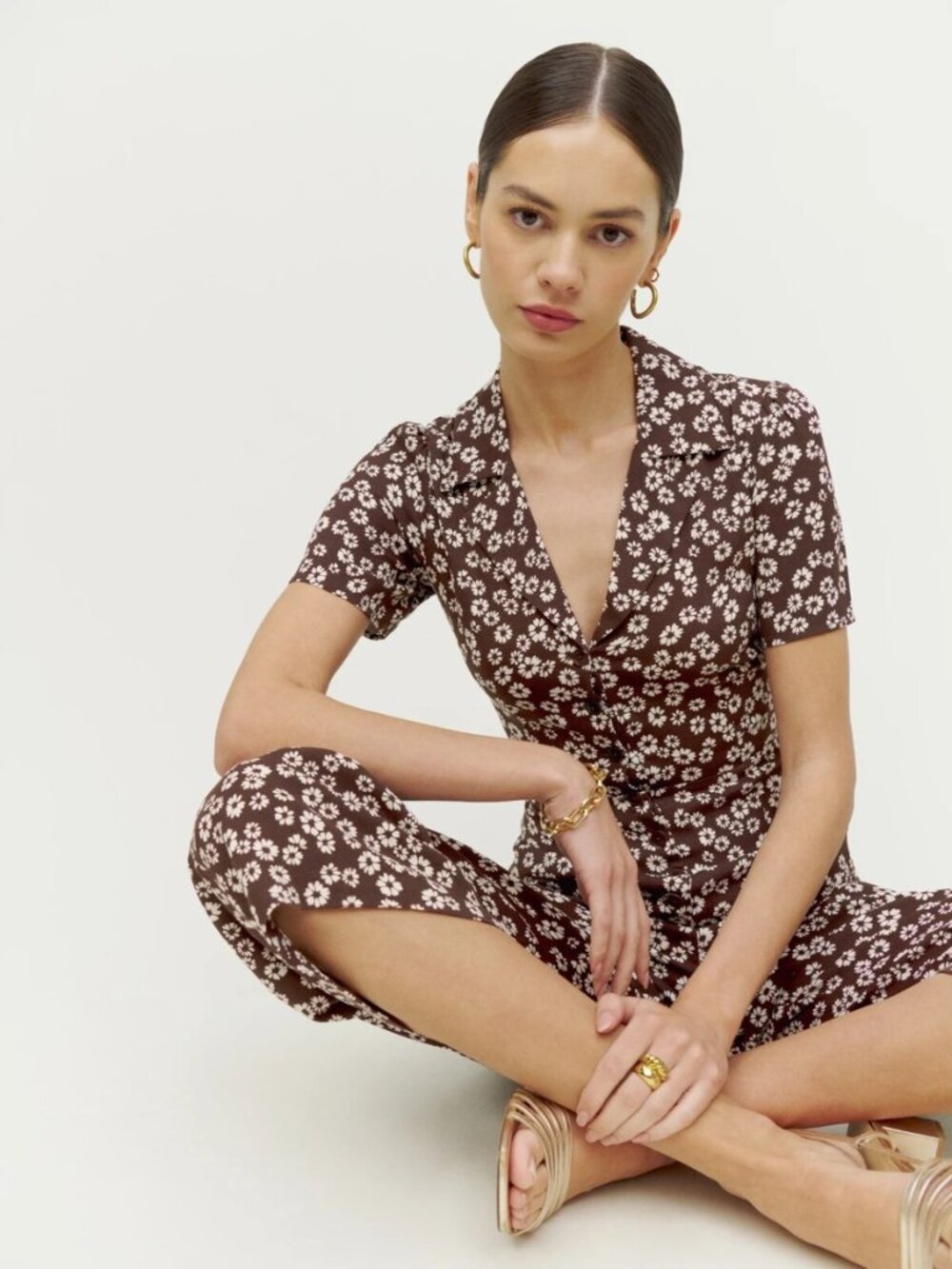 Reformation Bev Brown Floral Button-Front Jumpsuit, 6